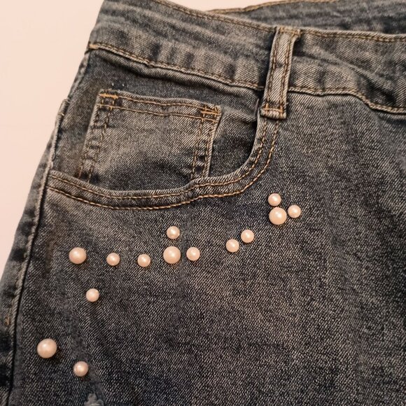 PlusWear Thrashed Women Glam Blue Jeans Flare Legs with Feathers Hippie  Size XL - Picture 6 of 12